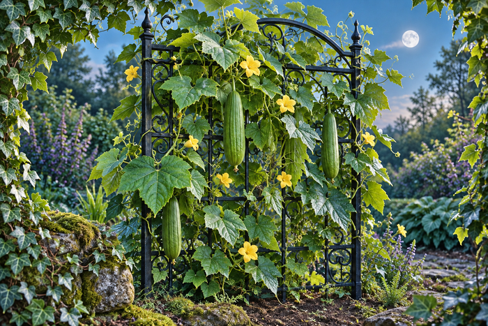 Brighter enchanted garden with loofah vines and an iron trellis