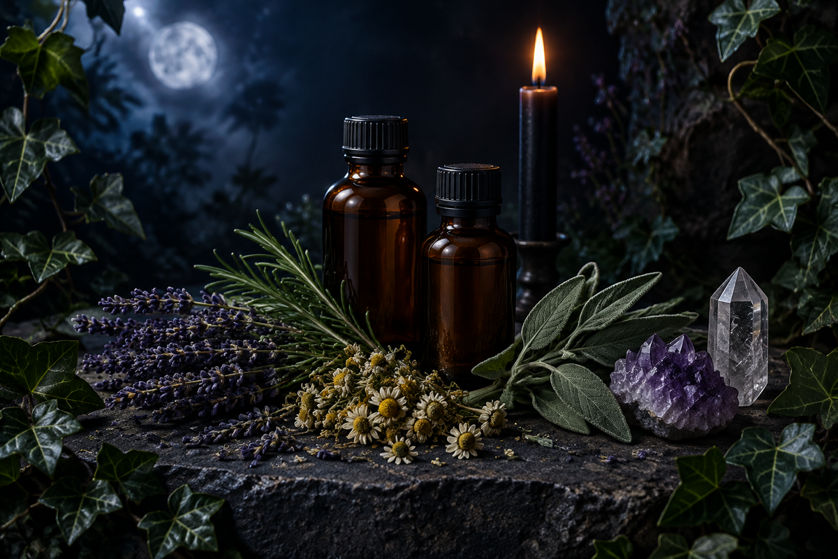 Moonlit Ingredients: botanical herbs and amber glass in silver moonlight