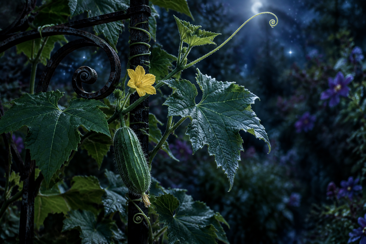 When the Garden Spoke: a loofah vine reaching along an iron trellis toward silver moonlight