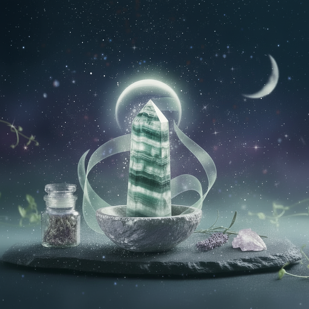 Fluorite tower moonlit scene, square
