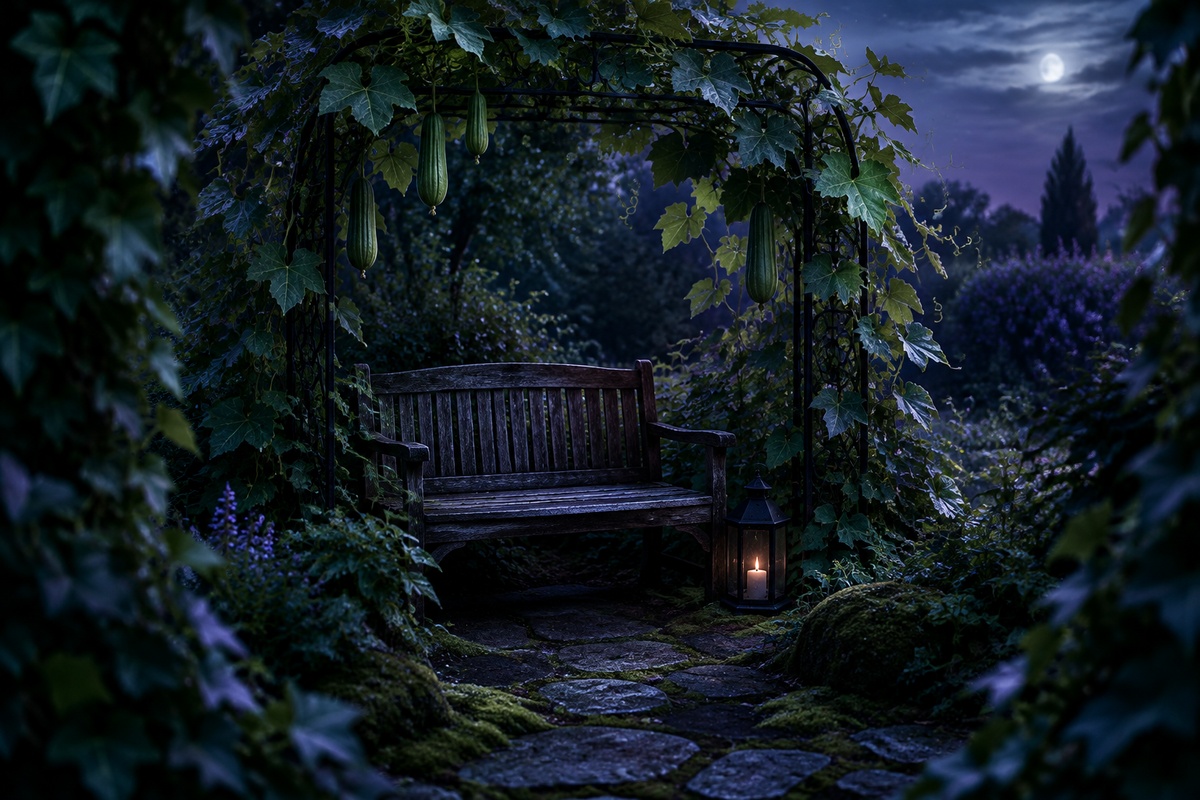 A Softer Spell: a quiet garden seat beneath moonlit loofah vines