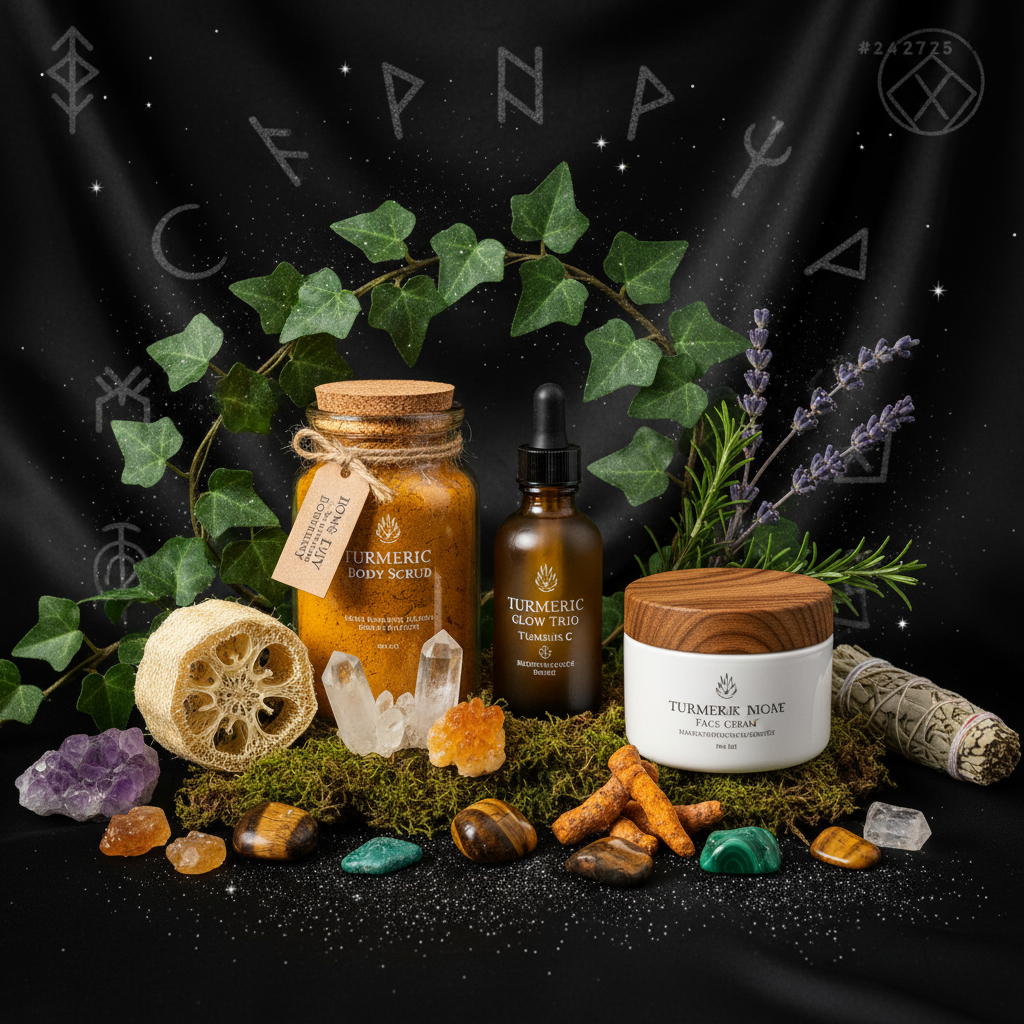 AMVital Turmeric Glow Trio – Scrub + Serum + Cream – Enchanted Witchy Botanical Altar