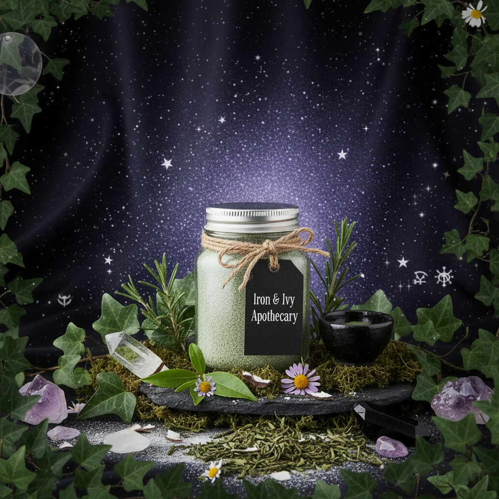 Enchanted cleansing grains jar with visible jute twine and Iron & Ivy Apothecary tag