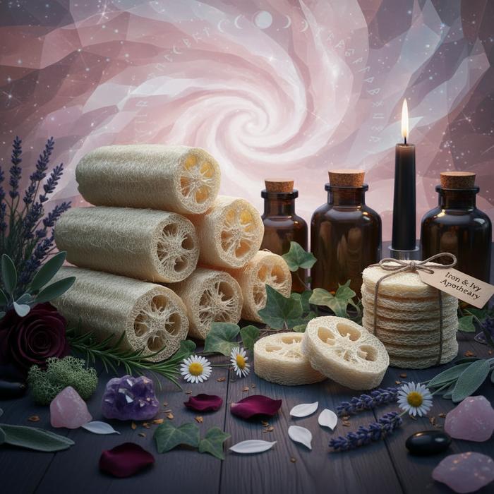 Enchanted loofah collection scene with a luminous rose-quartz background