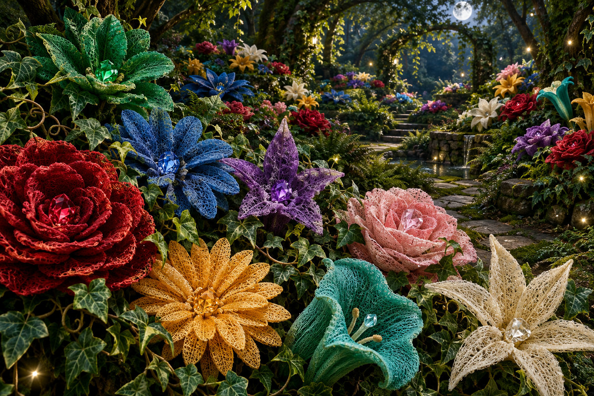 Enchanted multicolored loofah-flower garden in a lush woodland setting