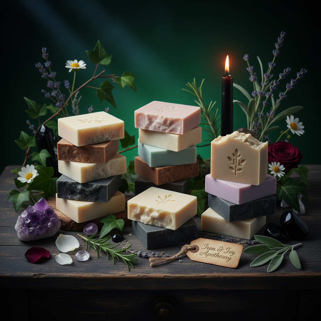 Farmhouse soap collection with emerald green aura