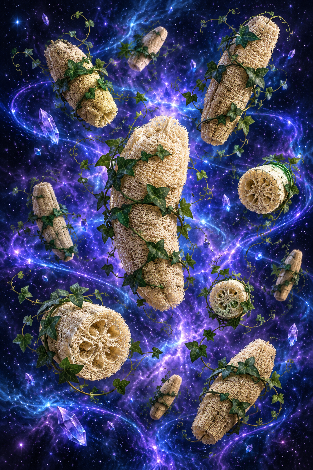 Floating beige loofahs wrapped in ivy amid celestial nebula light and crystals