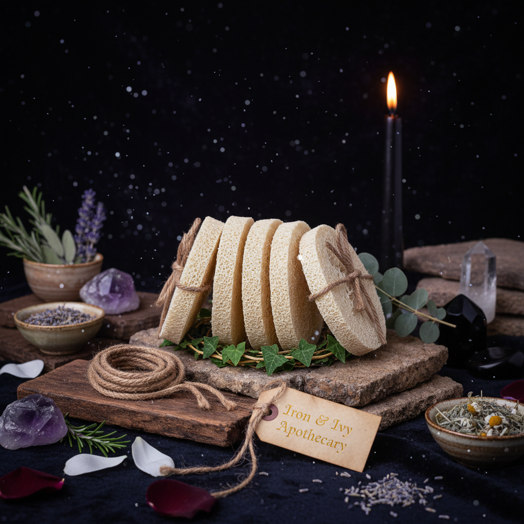 Five loofah facial discs in an enchanted apothecary setting with shimmer, ivy, herbs, gemstones, candlelight, and twine