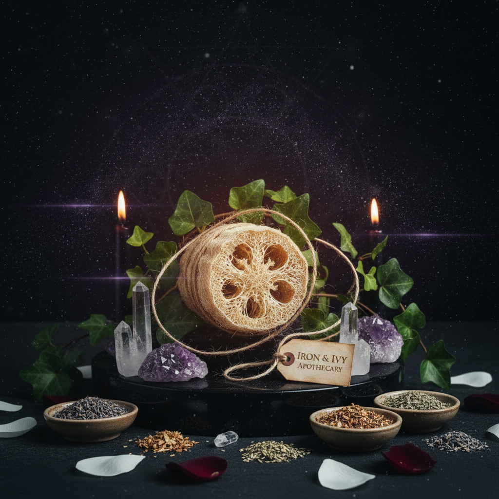 Half Loofah on an enchanted obsidian pedestal with midnight shimmer, ivy, herb bowls, gemstones, candles, twine, and an Iron and Ivy Apothecary tag