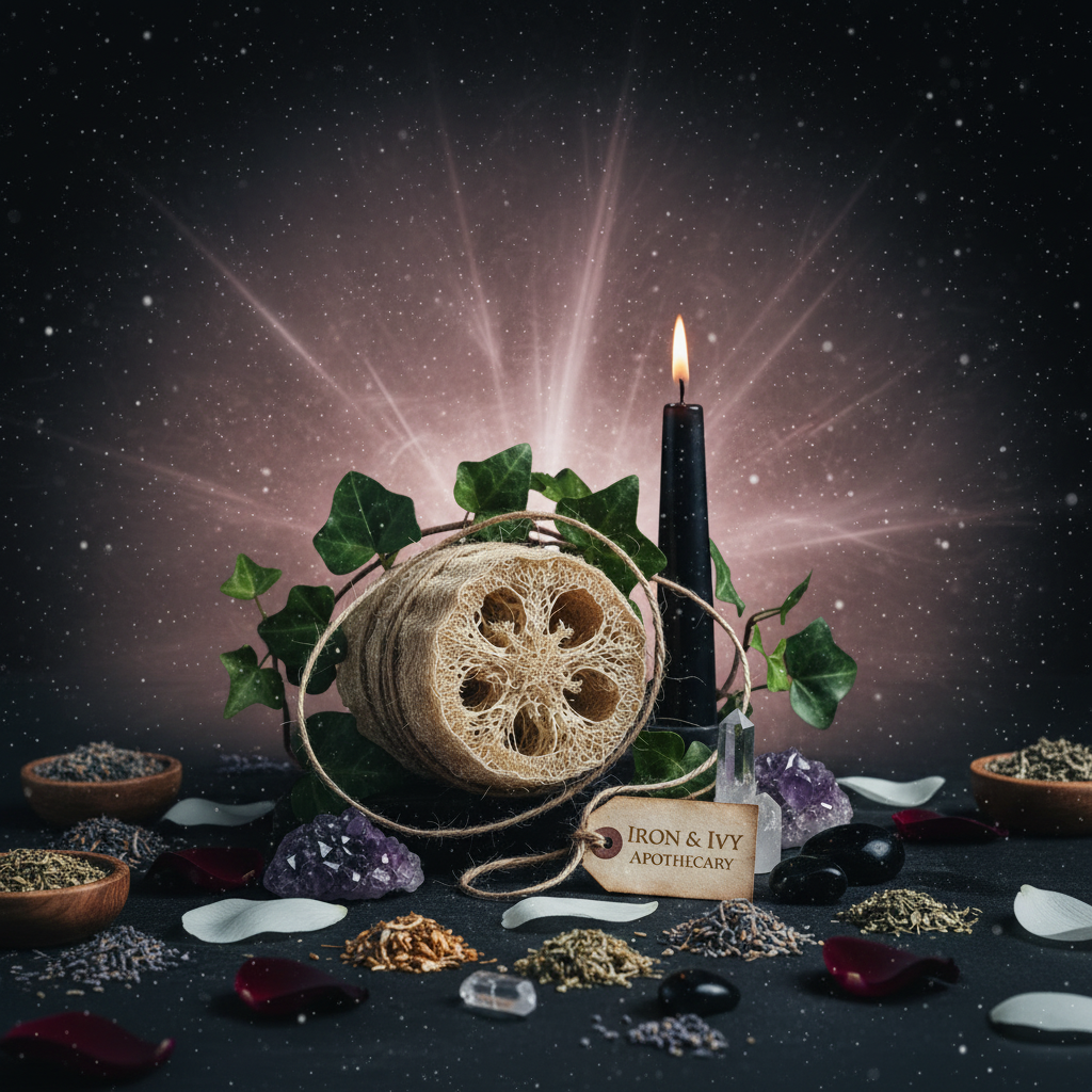 Half Loofah with a faint rose-quartz aura, silver-violet shimmer, ivy, herbs, gemstones, candlelight, twine, and Iron and Ivy Apothecary tag