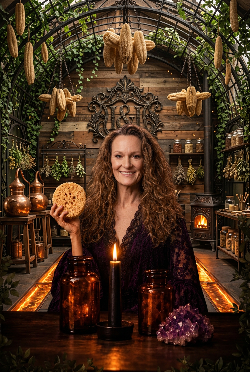 Iron & Ivy workshop portrait with wrought-iron trellises, copper vessels, hanging loofahs and warm forge lighting
