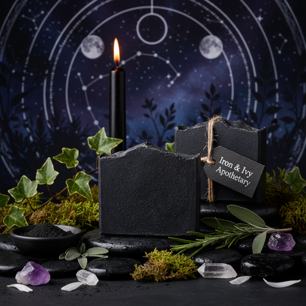 Organic Charcoal Soap in a moonlit enchanted botanical scene
