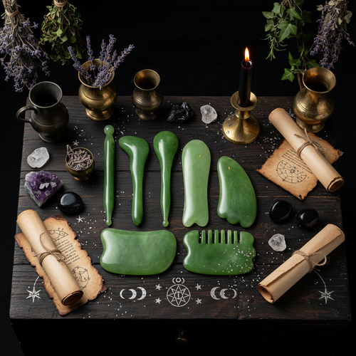 Seven-piece green gua sha set on an ancient enchanted apothecary altar
