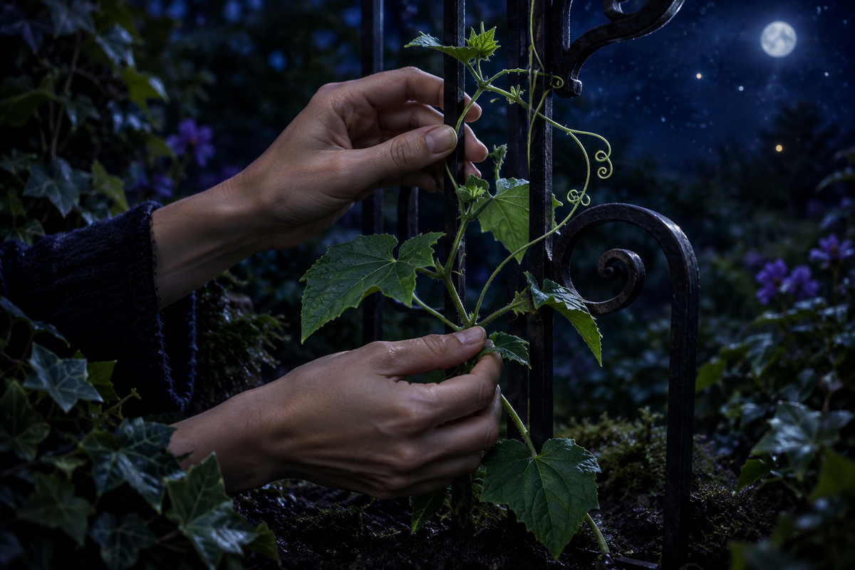The First Ritual: hands tending a young loofah vine in a moonlit garden