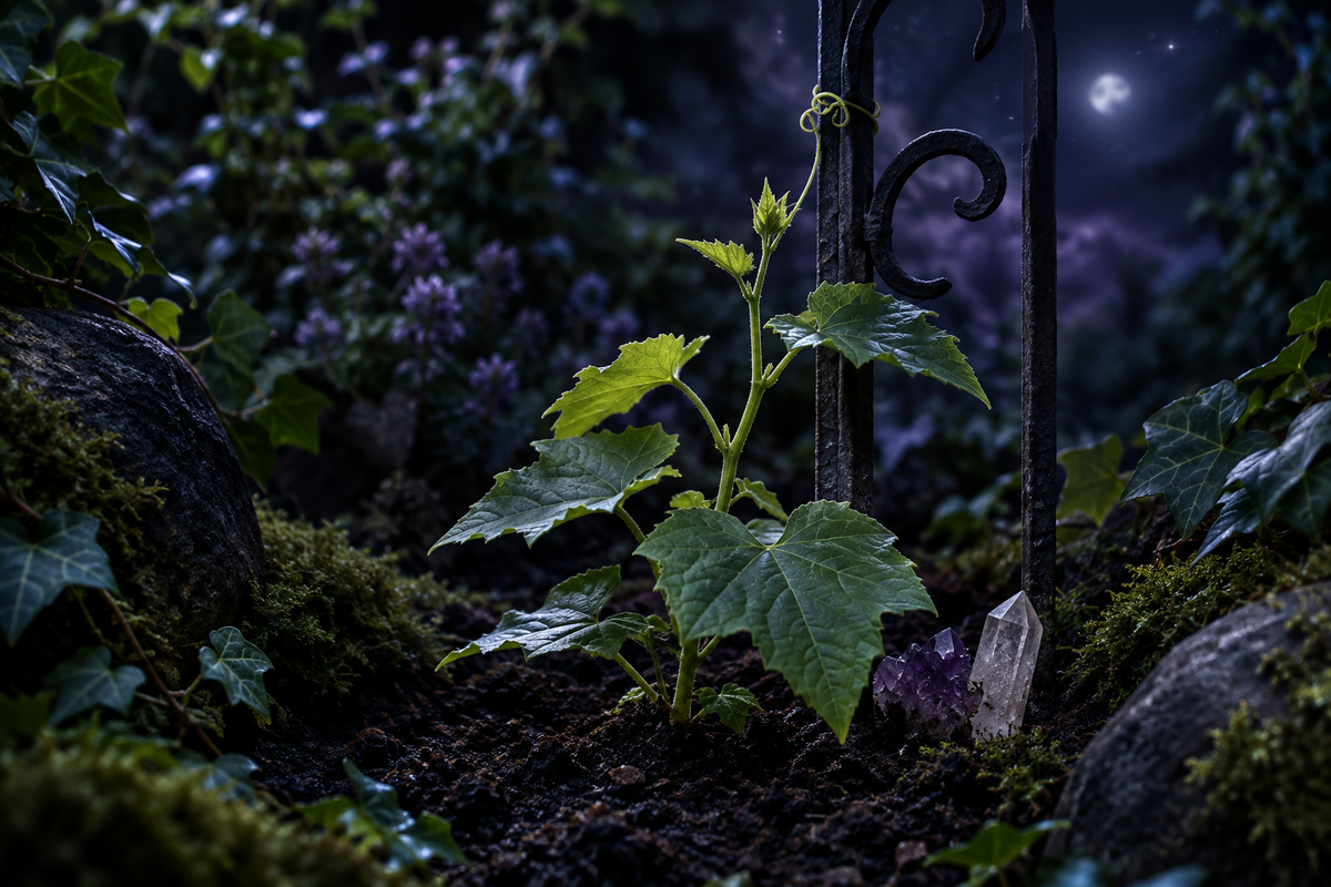 The Magic I Didn’t Know I Had: young loofah growth rooted in dark earth beneath silver moonlight, without hands