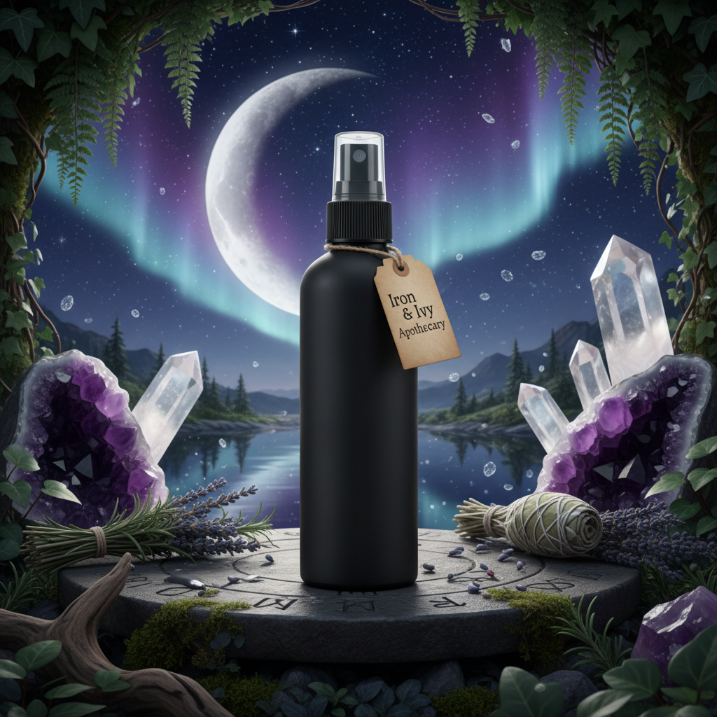 Unlabeled black mist bottle, moonlit hollow