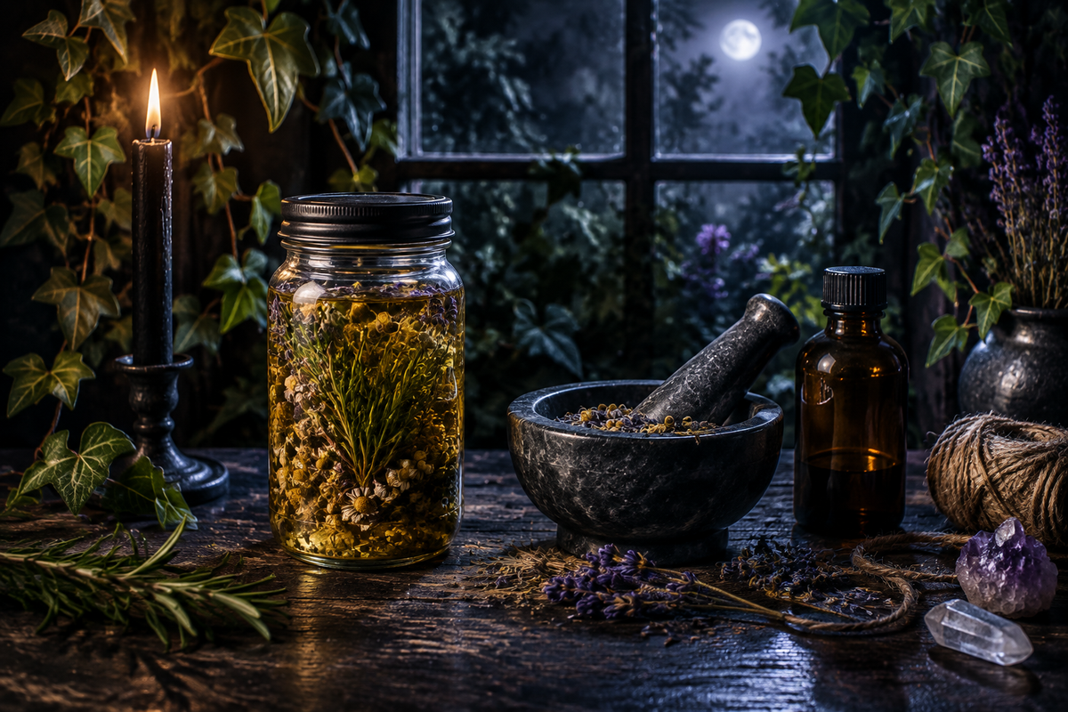 Where the Making Begins: herbs steeping beside a mortar and pestle on a moonlit worktable, without hands